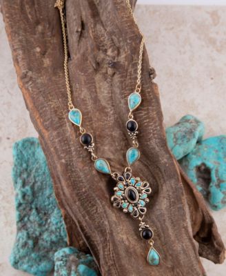 Barcelona Black Onyx and Blue Turquoise Golden Y-Necklace