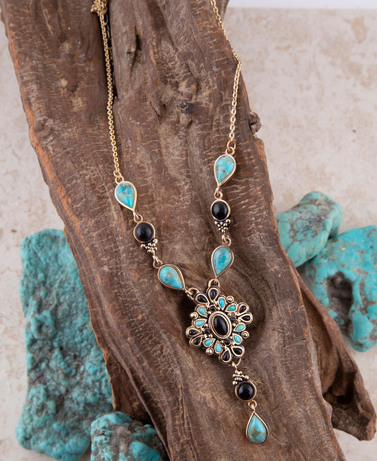 Barse Barcelona Black Onyx and Blue Turquoise Golden Y-Necklace