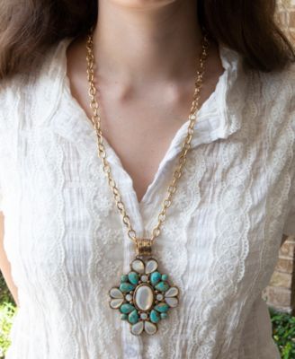 Barcelona Blue Turquoise and Mother of Pearl Golden Statement Necklace