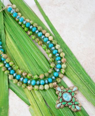 Legacy Lime Green and Blue Turquoise Golden Cross Pendant Statement Necklace