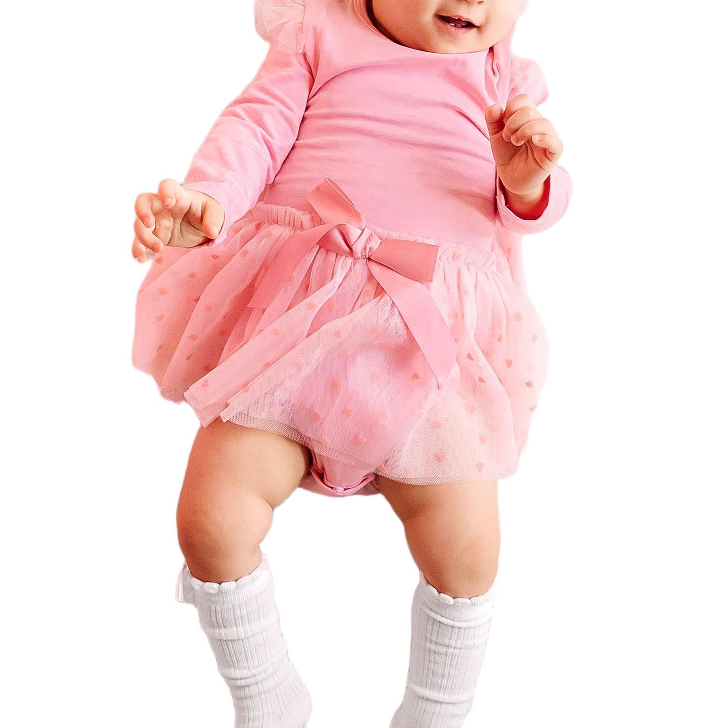 Baby Girls Flocked Heart Tiered Long Sleeve Tutu Bodysuit