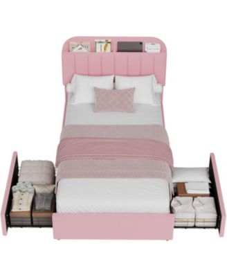 Boucle Storage Bed with Built-In Bookcase, 2 Drawers, Sturdy Frame, No Box Spring Required - Full