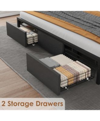 Size Platform Bed Frame with Storage Headboard, Industrial Full Bed with 2 Large Drawers & USB Charging Station, Noise-Free