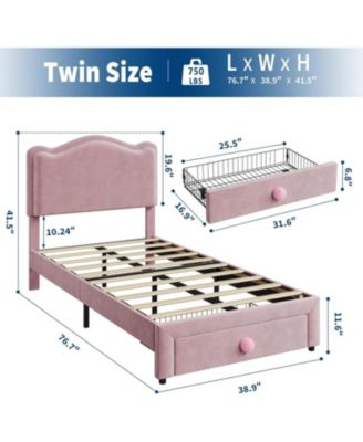 Twin Size Upholstered Kids Bed Frame, Toddler Platform, Headboard & Storage Drawer, Strong Wood Slats, Pink