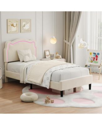 Twin Size Velvet Upholstered Smart LED Platform Bed Frame with Adjustable Bear Headboard, Wooden Slats, No Box Spring, Beige