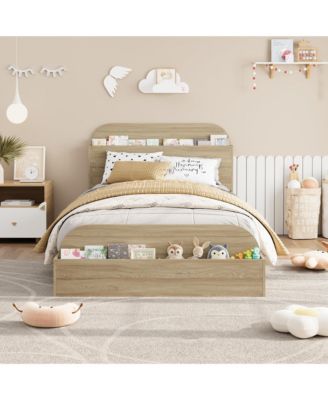 Twin Size Bed Frame, Wooden Beds with Storage Headboard and Raised-Foodboard for Kid, Twin-Floor Low Platform Bed