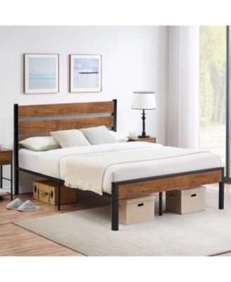 Farmhouse Bed Frame with Wooden Headboard and Footboard, Metal Platform with Slats, Noise-Free, Easy Assembly, Underbed Storage
