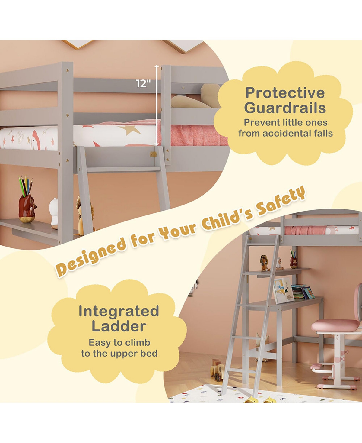 Gymax Twin Solid Wood Loft Bed w/ Desk & Bookshelves Ladder Guardrails