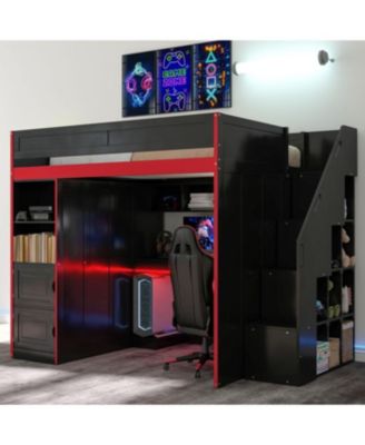 Gaming Loft Bed with Desk and Storage, LED Lights, Twin