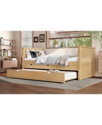 Twin Platform Bed with Drawers, Solid Wood Daybed, No Spring Box Needed, Natural