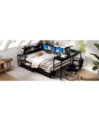 Streamdale Twin Corner Bed Frame with Bookcase, LED, and Storage Drawers