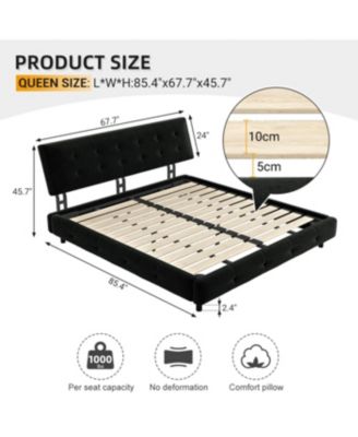 Queen Size Pine Wood and Metal Frame Bed Frame with Tufted Headboard, Chenille Platform Bed