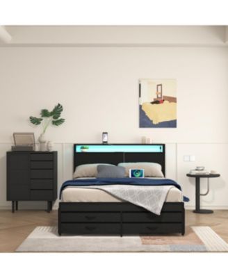 Streamdale Full Size Bed Frame with 8 Storage Drawers & LED Headboard