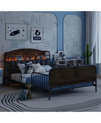 Streamdale Full Size Metal Platform Bed Frame with Storage Headboard, Black