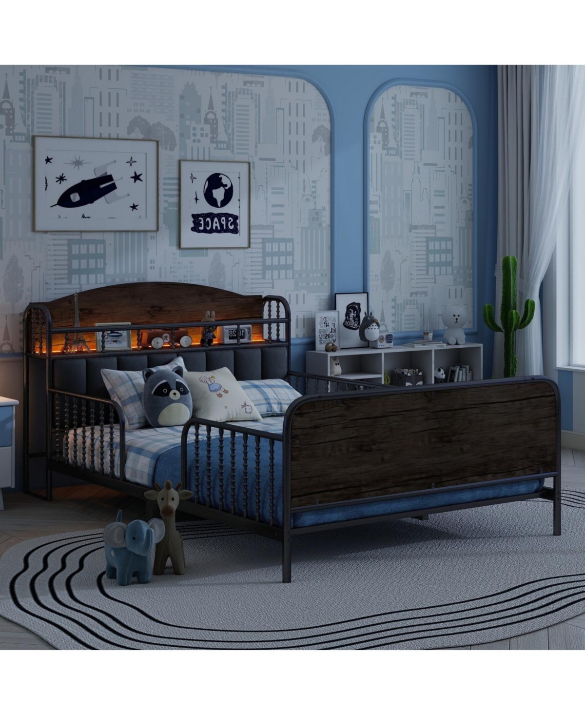 Streamdale Full Size Metal Platform Bed Frame with Storage Headboard, Black