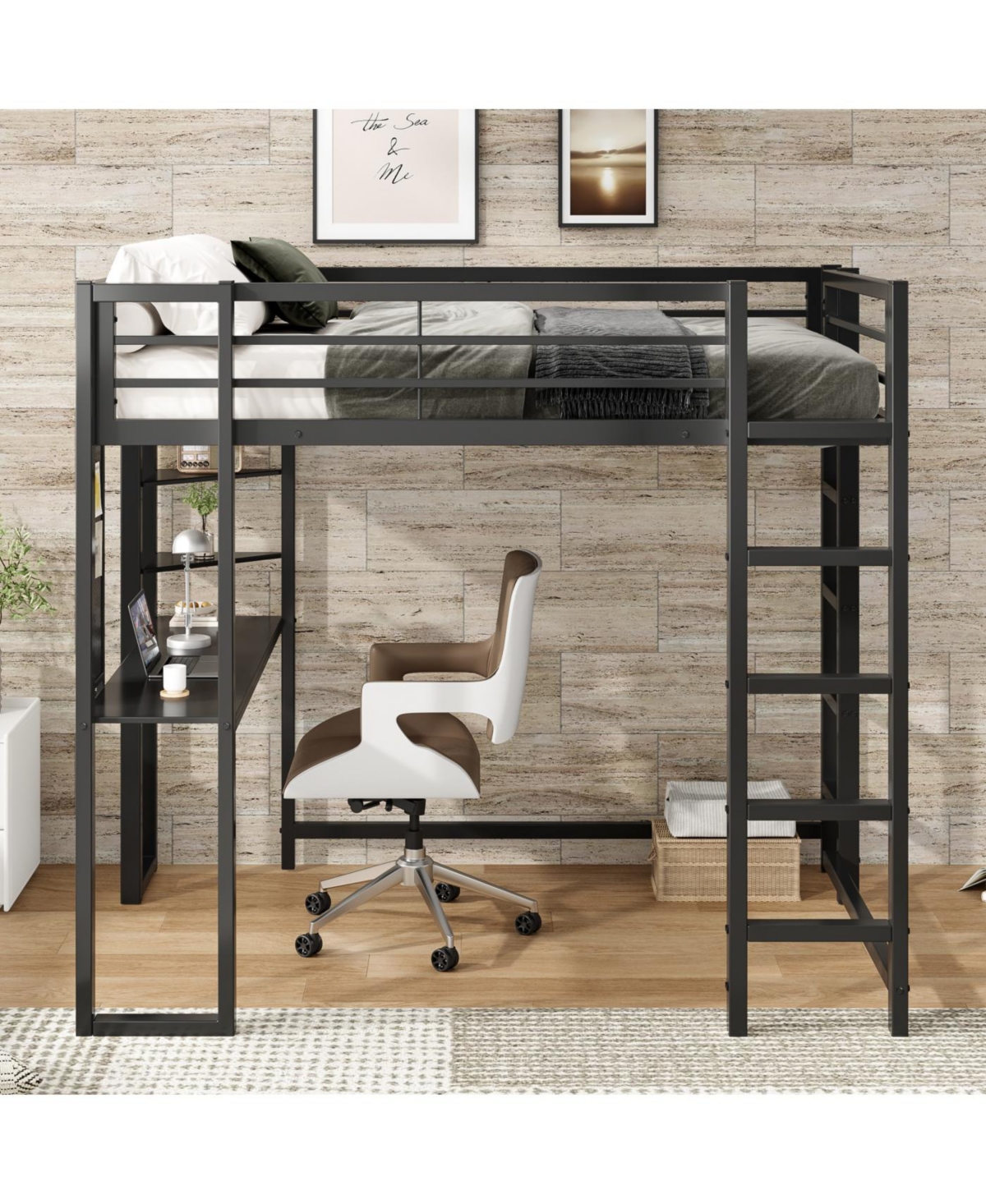 Streamdale Loft Bed with Desk, Full Size Metal Loft Bed Frame, Black