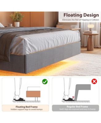 Floating Bed with LED Light Strips & USB Charging, Modern Upholstered Headboard, Wood Slats, Noise-Free, Easy Setup