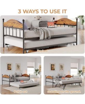 Metal Twin Bed Frame with Pop-Up Foldable Trundle, Sofa Bed with Stylish Headboard