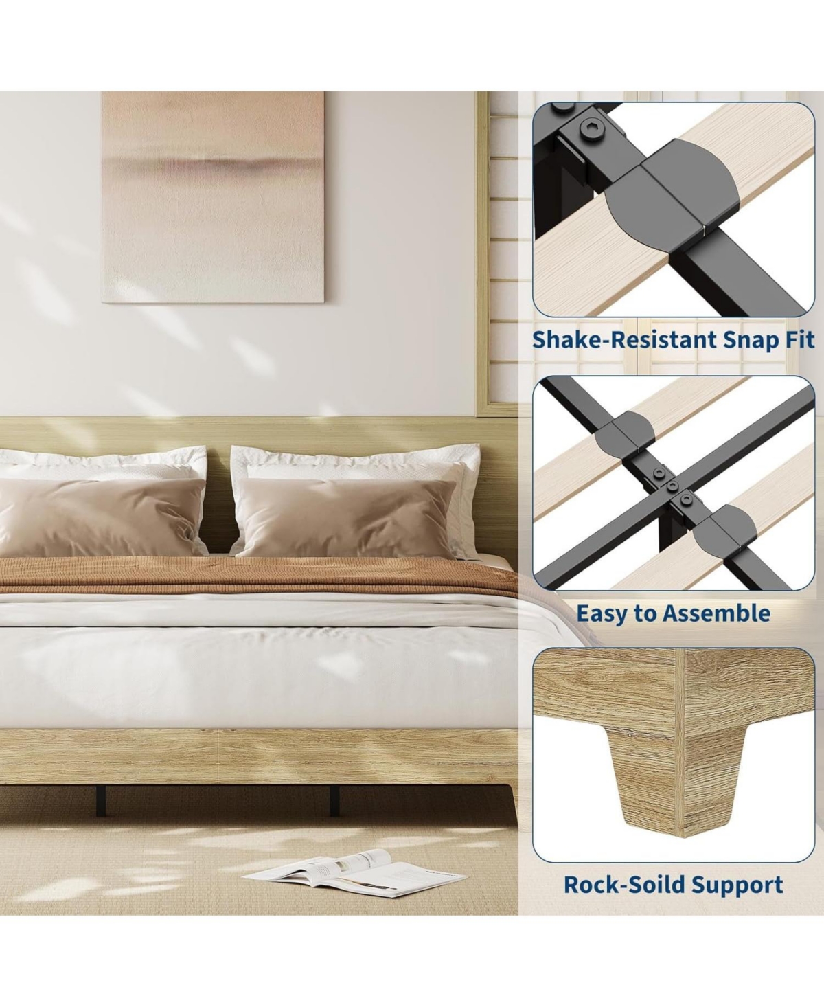 gaomon King Platform Bed Frame with Underbed Storage 10.24" Clearance Wood & Metal Slats No Headboard No Box Spring Gold