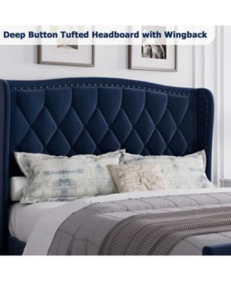 Queen Size Bed Frame with Tufted Wingback Headboard Elegant Upholstered Bed Frame , Noise-Free