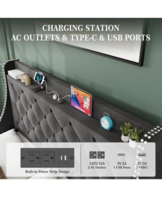 Queen Bed Frame Gray Upholstered 4 Storage Drawers Wingback Headboard Charging Station Button Tufted