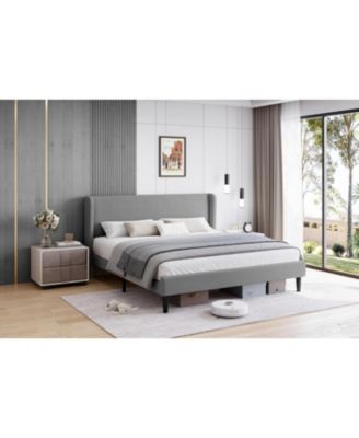 King Size Upholstered Bed Frame Wingback Headboard Velvet Platform No Box Spring Needed Durable Wood Slats Light Grey