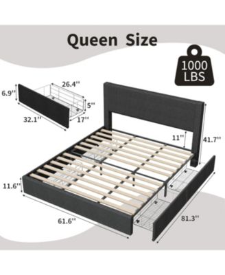Queen Size Upholstered Platform Bed Frame 4 Storage Drawers Corduroy Tufted Wingback Headboard Wood Slats No Box Spring Black