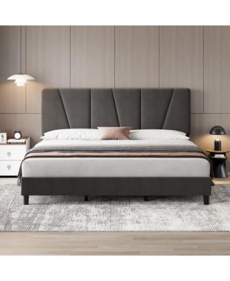 Twin Size Bed Frame with Headboard Adjustable, Velvet Upholstered Twin Platform Bed with Headboard