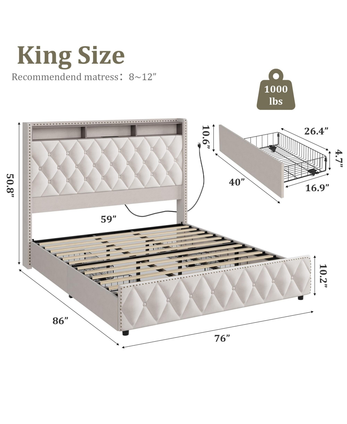 Gaomon King Bed Frame with 50.8" Tall Headboard