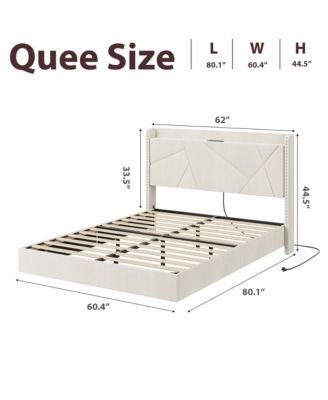 Queen Size Floating Bed Frame, Suspended Bed with RGB LED Lights and Charging Station, Upholstered Bed Frame