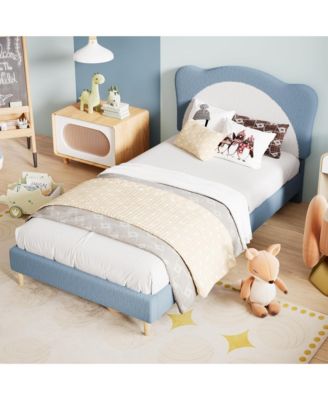 Upholstered Twin Bed Frame for Kids - with Adjustable Chic Scallop Headboard, Cute Velvet Princess Platform Bed for Girls/Kids
