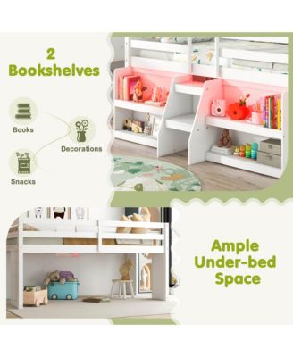 Twin Size Loft Bed w/ LED Lights Staircase & Safety Guardrail Under-bed Storage