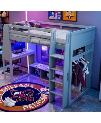 Gray Wood Twin Size Gaming Loft Bed w Built In Desk Storage Cabinets Hanging Clothes Rack LED Lighting Kids Teens Bedroom Furniture
