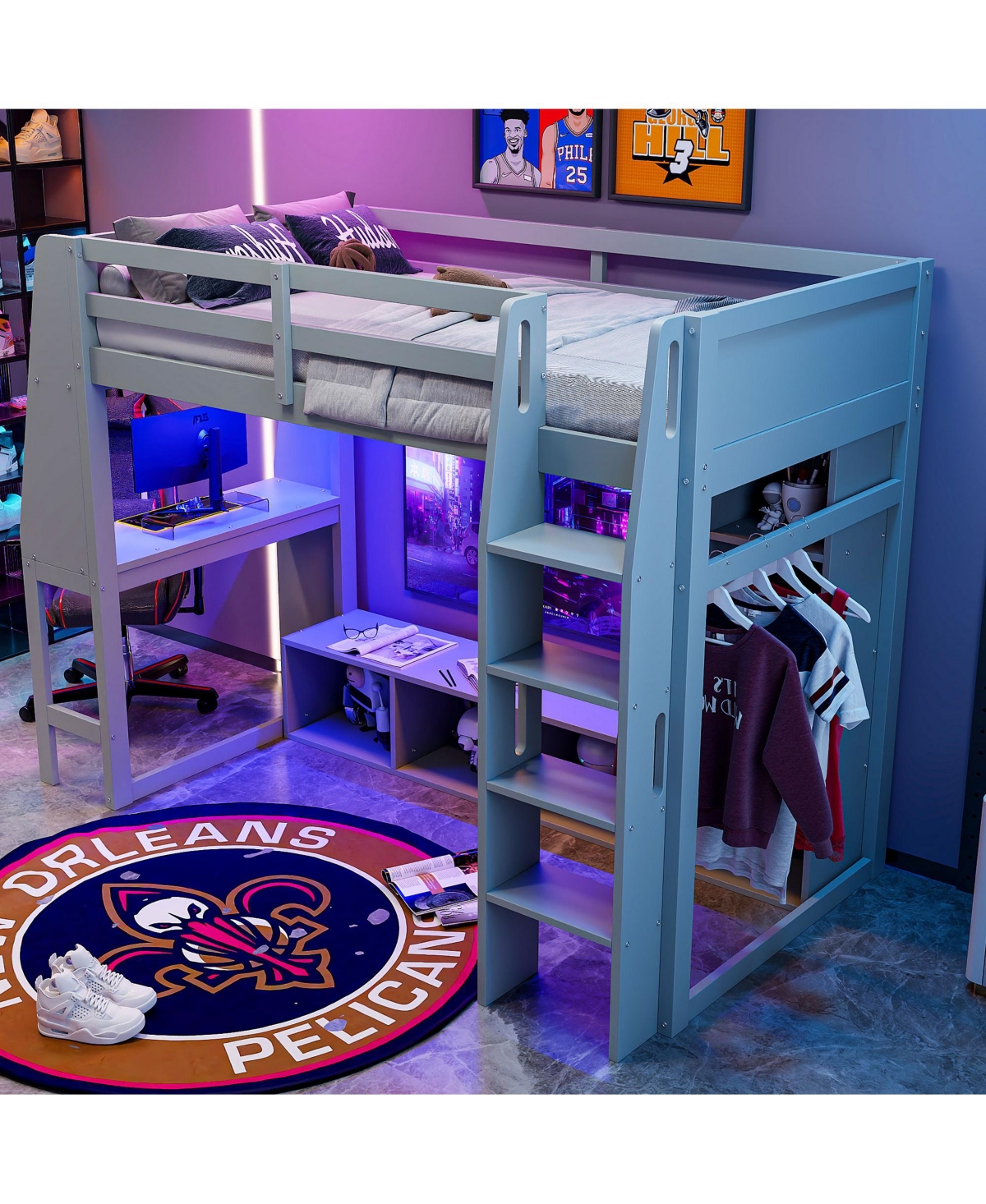 Flynama Gray Wood Twin Size Gaming Loft Bed w Built In Desk Storage Cabinets Hanging Clothes Rack Led Lighting Kids Teens Bedroom Furniture