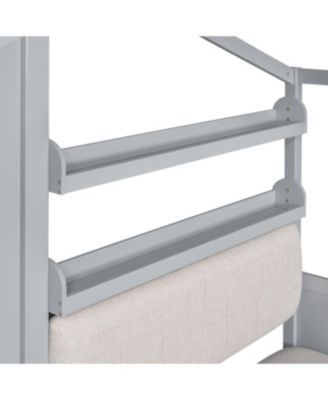 Twin Size Pinewood House Bed with Linen Sofa, Drawers and Storage Shelf