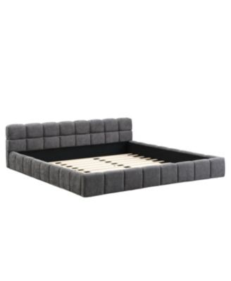 Elegant Beige Chenille Upholstered Bed with Checkerboard Design, King, Grey