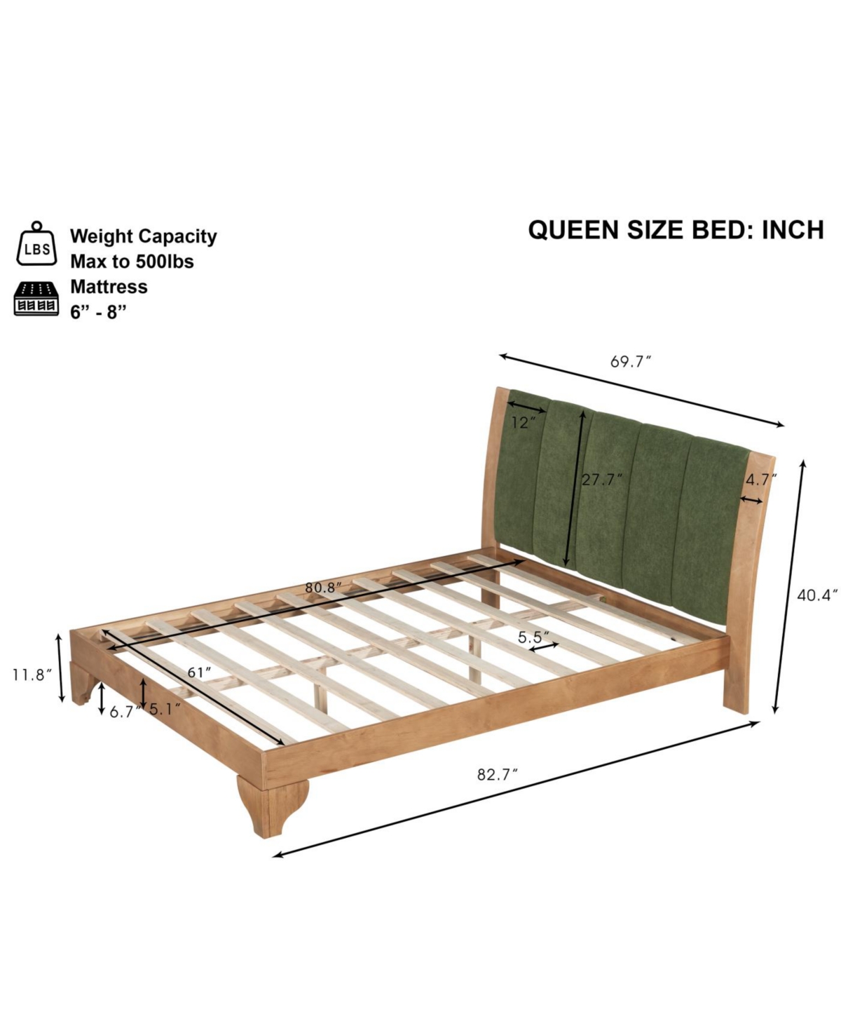 Streamdale Furniture Premium Pine Wood Queen Bed Frame with Headboard, Mid Century Modern