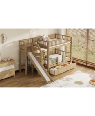 Twin over Twin Bunk Bed w/ Storage Stairs, Slide, 2 Drawers, Walnut