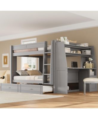 Streamdale Full size Multifunctional Bunk Bed with Desk and Bookshelves, Trundle, Gray