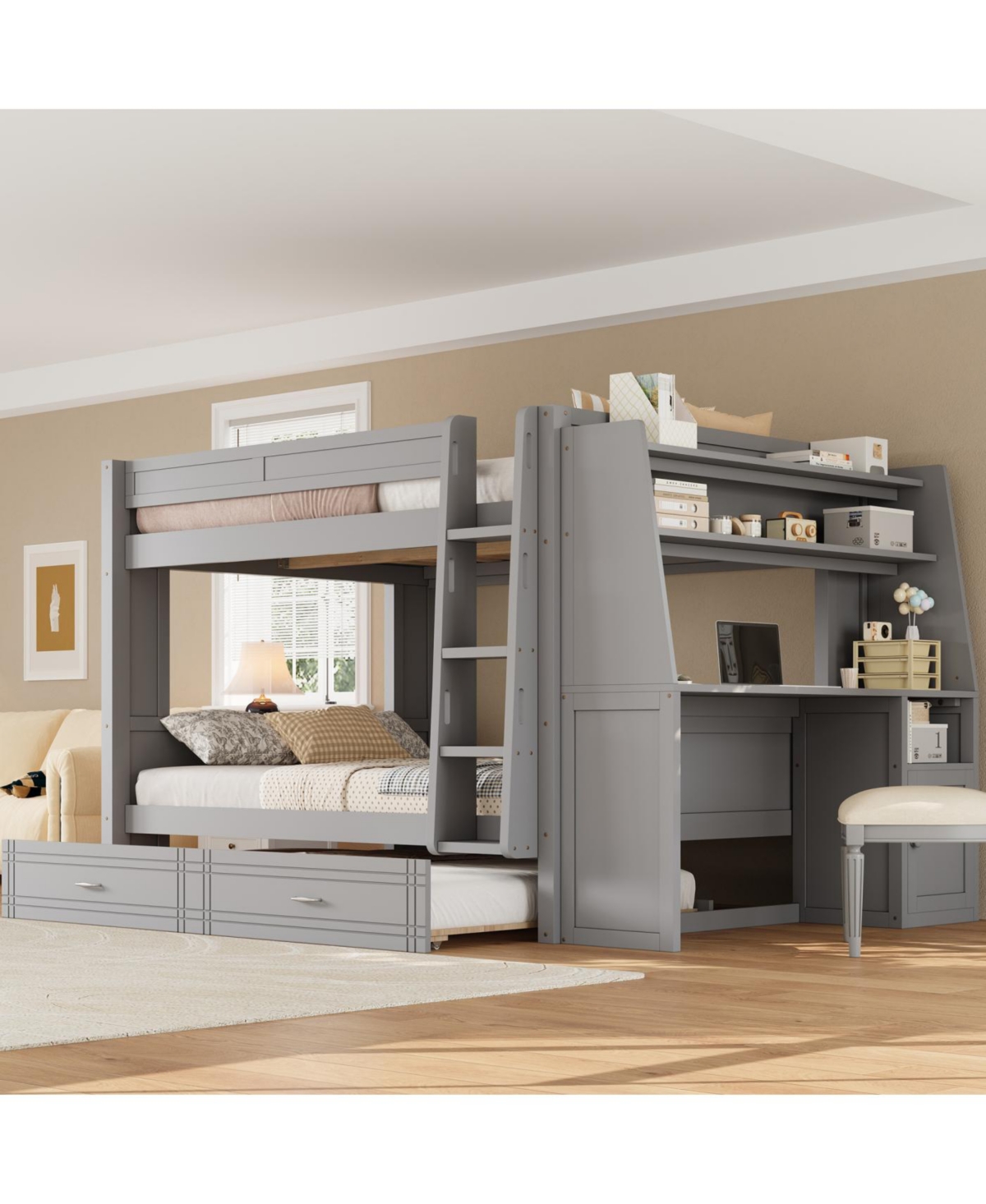 Streamdale Full size Multifunctional Bunk Bed with Desk and Bookshelves, Trundle, Gray