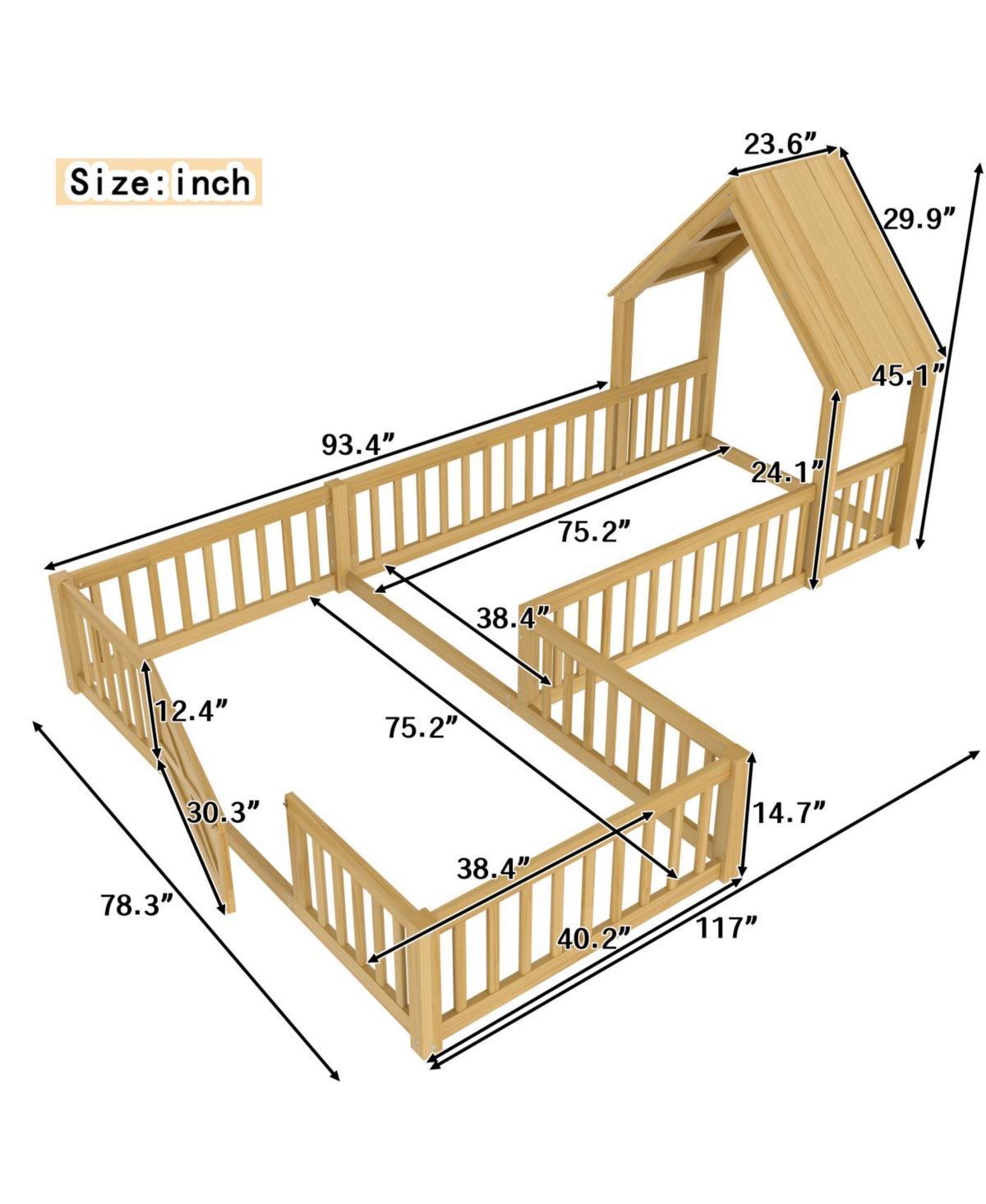 Streamdale Furniture Twin Size House Floor Bed with Door and Guardrails, Natural