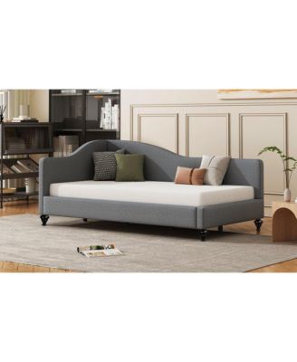 Twin Size L-Shaped Linen Daybed, with Solid Wood Legs, Gray