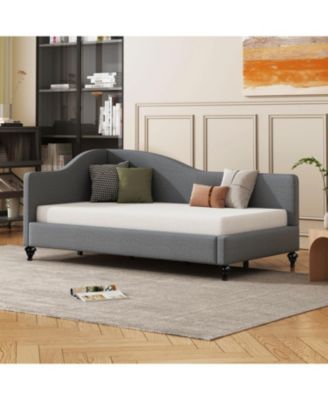 Twin Size L-Shaped Linen Daybed, with Solid Wood Legs, Gray