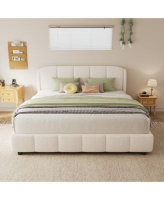 Boucle Fabric Platform Bed with Curved Headboard - Queen