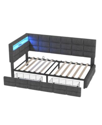 Upholstered Twin Daybed with 2 Drawers, LED Lights & Charging, Gray