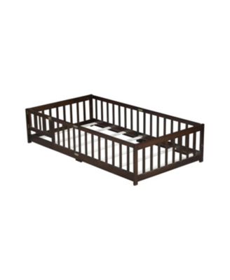  Twin Floor Bed with Fence & Door, Espresso
