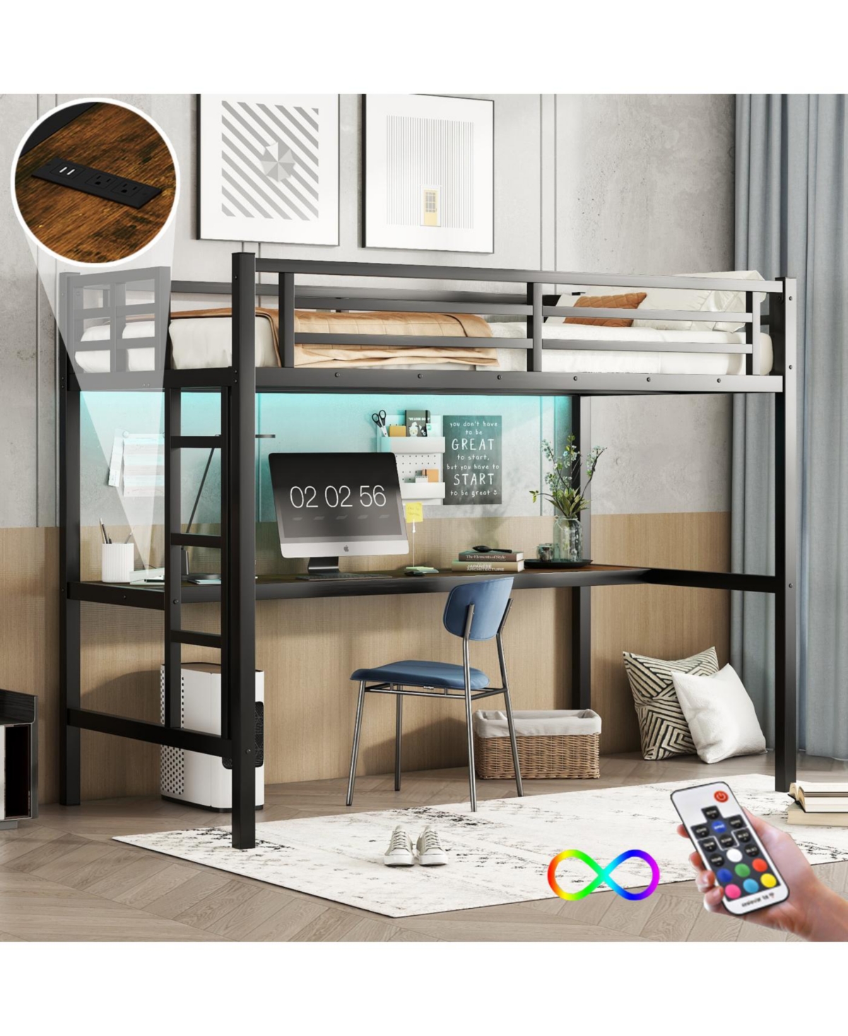 Streamdale Metal Twin Xl Loft Bed with Power Outlet & Led Light, Black