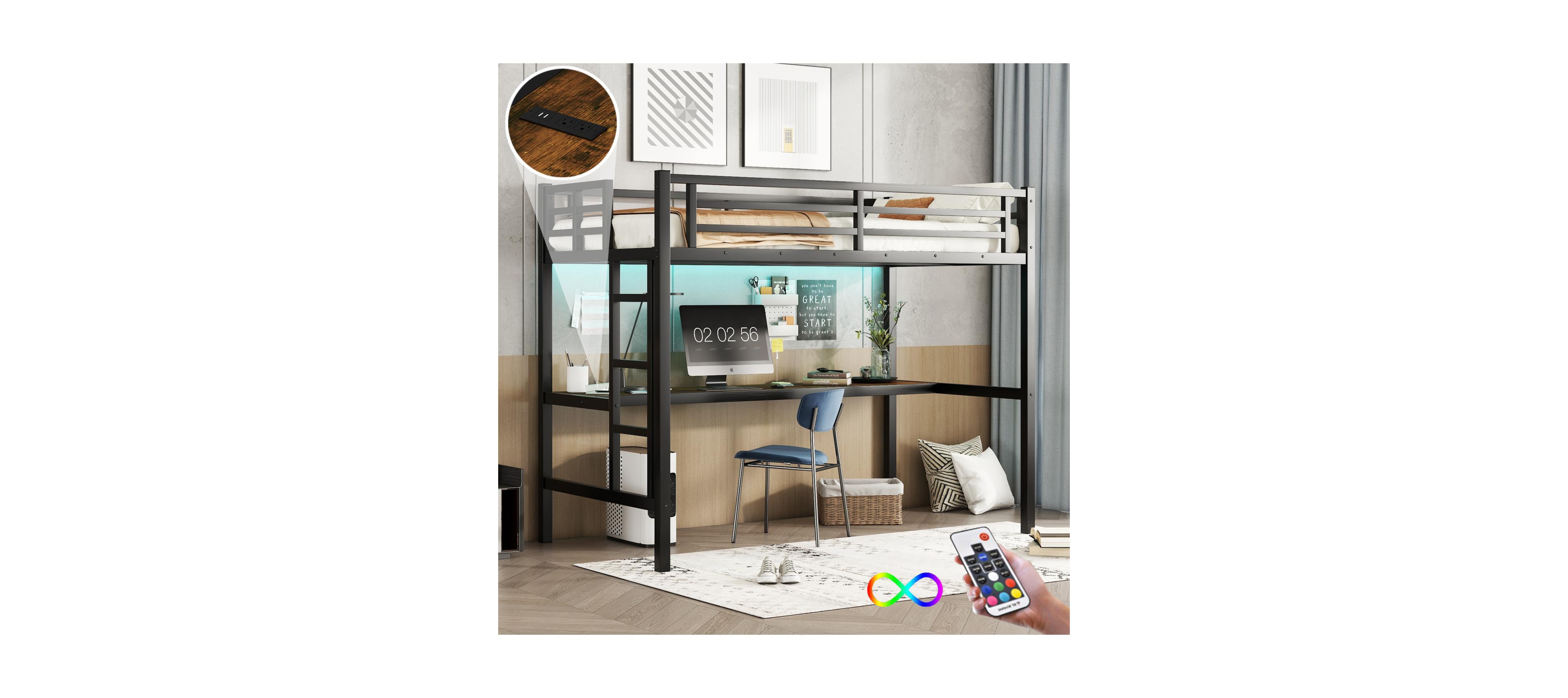 Streamdale Metal Twin Xl Loft Bed with Power Outlet & Led Light, Black