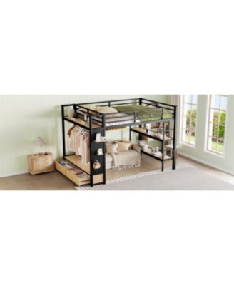 Streamdale Queen Loft Bed Frame with Wardrobe & Storage Shelves, Black