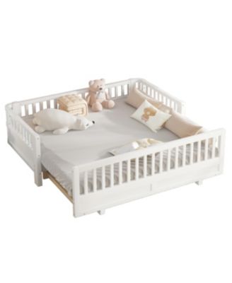 Streamdale Twin Size Platform Bed with Guardrails, Solid Wood, Convertible to Double Twin, White